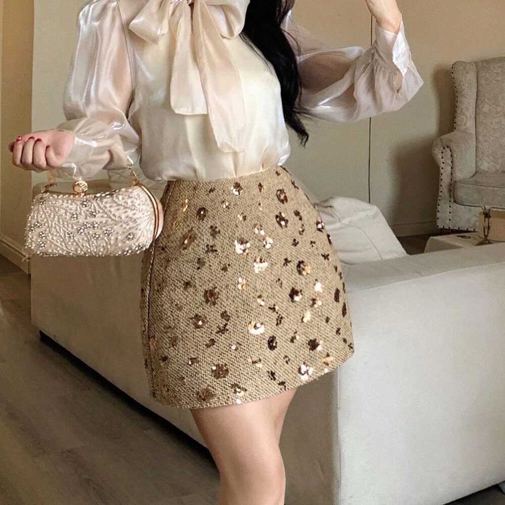Gold Preppy Women's Elegant Sequin Embellished Bodycon Mini Skirt